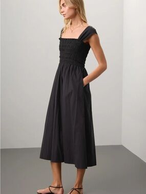 Club Monaco Black Smocked Square-Neck Midi Dress with Pockets